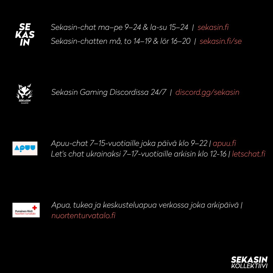 ChatSekasin's tweet photo. "Ilman Sekasin-chattia mua ei olisi enää."
Tänään vietettävä mielenterveyspäivä muistuttaa siitä, että jokaisen huoli on tärkeä ja vaikeissa tilanteissa on saatava apua. Riittävän nopeasti ja riittävän matalalla kynnyksellä.
@mielenterveys @SOSLapsikyla @turvatalo @Setlementti https://t.co/Wxdbljf1C8