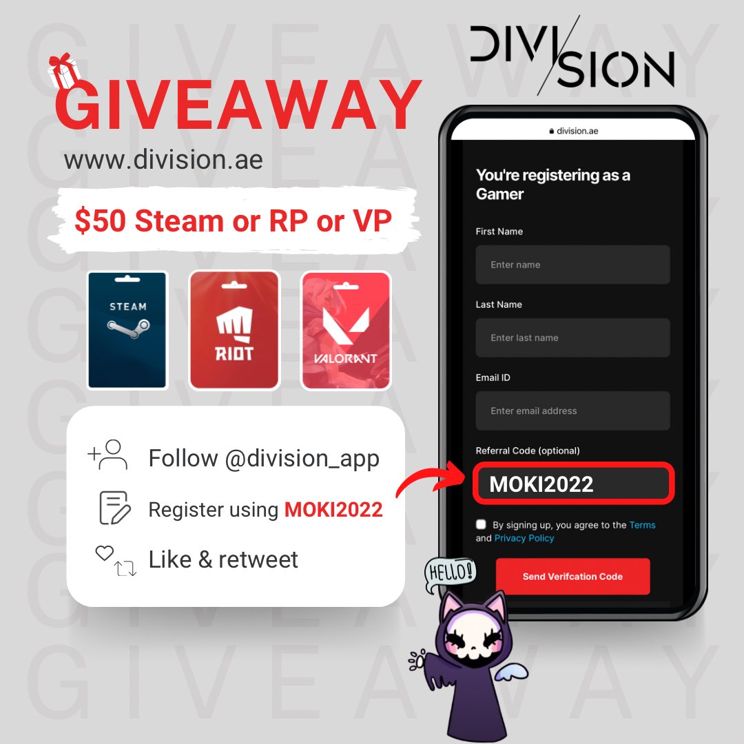 Hello Twitter people!🎁
division.ae &amp; I have brought you an exciting giveaway!$50 Gift Card of your choice(Steam/Rp/Vp)
All you have to do is:
• Follow <a href="/Division_app/">Division</a>
• Register in their website using “MOKI2022”
• Like &amp; retweet✨
🏆Winner will be announced Oct 15th