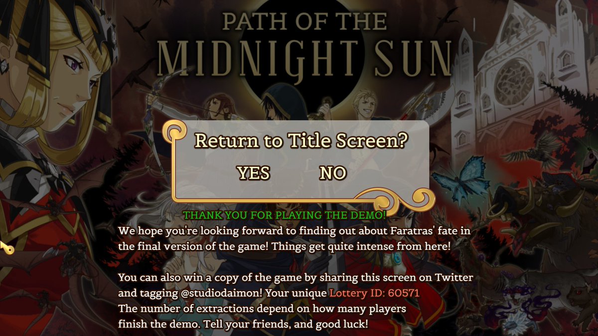wardenhawke's tweet photo. @StudioDaimon @StudioDaimon Finished the demo of #PathOfTheMidnightSun ! Can't wait for full version and shame I didn't know there was a kickstarter for it but here's my entry for the lottery! https://t.co/jLnALkac5e