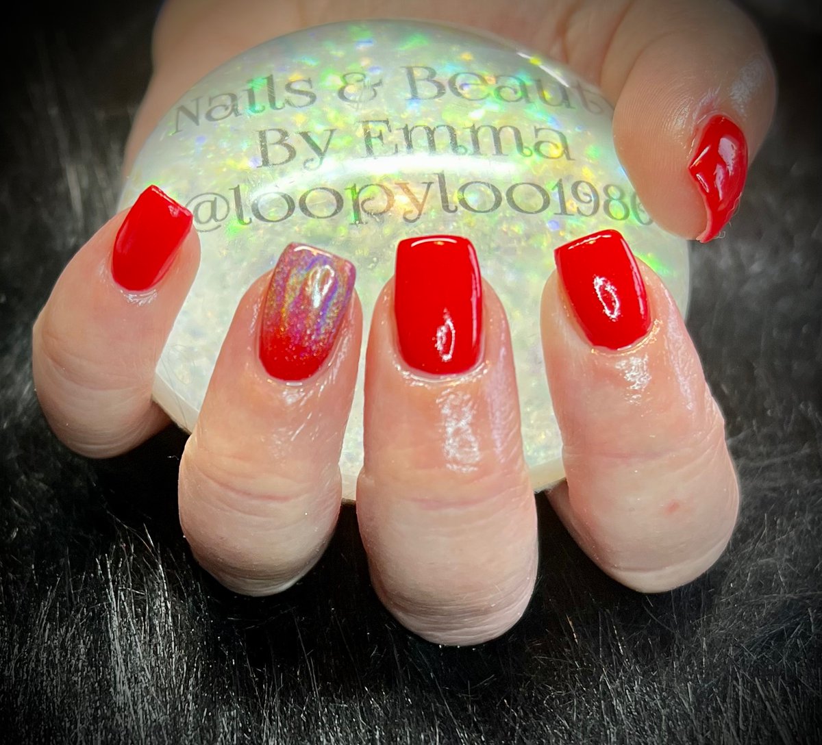 BeautyPampered's tweet photo. Builder gel nails with red gel polish and holographic powder ♥️💅🏻✨#eastlothian #elphinstone https://t.co/Tr1tb5ZVu0