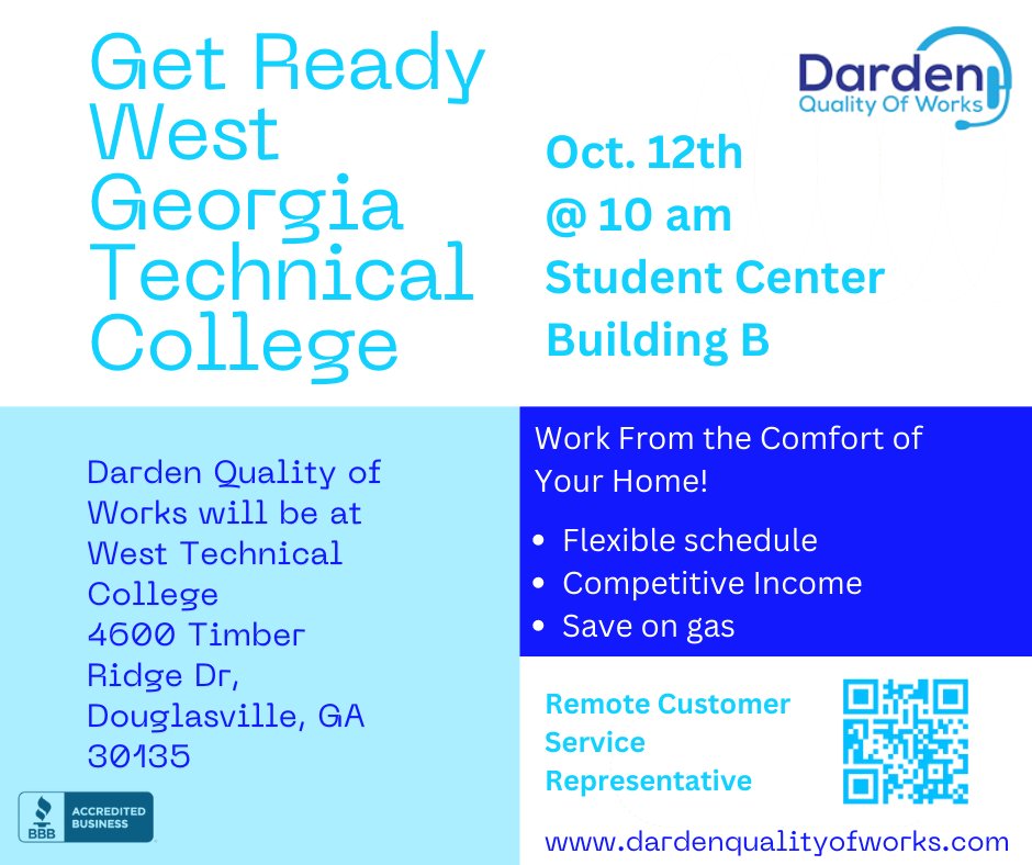 dardenquality's tweet photo. Attention West Georgia Technical College Darden Quality Of Works will be at the Douglasville location. We are currently seeking Remote Customer Service Representatives.
#dardenqualityofworks 
#AriseVirtualSolutions #remotejobs2022 #remotejobsbsearch #westcentraltech https://t.co/GT3xU8iTXp