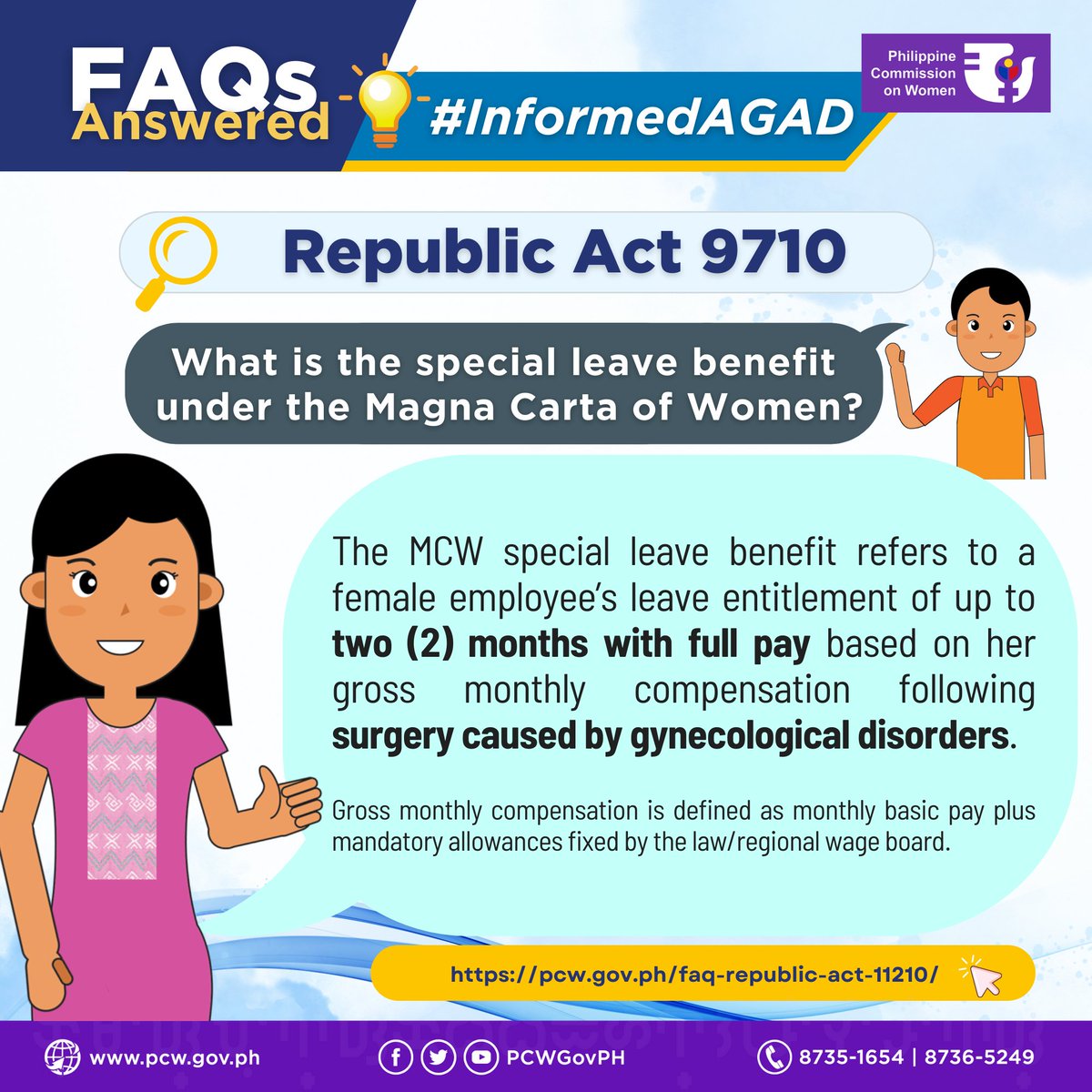 PCWgovph's tweet photo. #InformedAGAD: Republic ACT 9710
Ano ang Special Leave Benefit na nakapaloob sa Magna Carta of Women?
May tanong tungkol sa GAD? #ISearchAGAD sa https://t.co/mznSYS7NBJ at ma#GuidetoGAD, Bisitahin lamang ang link na ito: https://t.co/Nkt3olLuE1 https://t.co/3eulaO2sAM