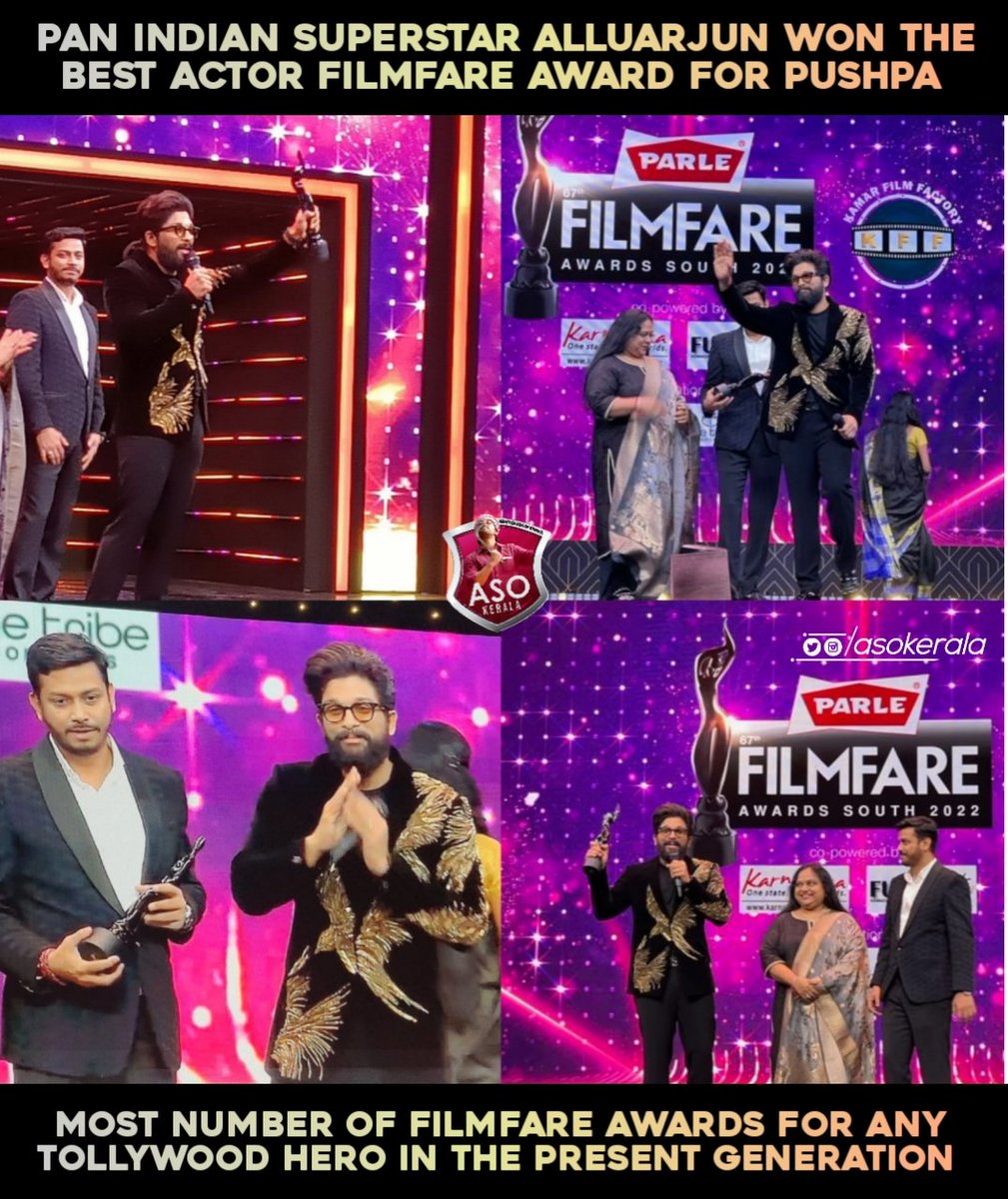 ASOKERALA's tweet photo. With this @alluarjun becomes the most owned filmfare actor in TFI this generation 🔥

#AlluArjun ~ The RISE 

#ParleFilmfareAwardsSouth2022 #FilmfareAwards2022 #Pushpa #PushpaTheRule https://t.co/VvP0d8Ra2o