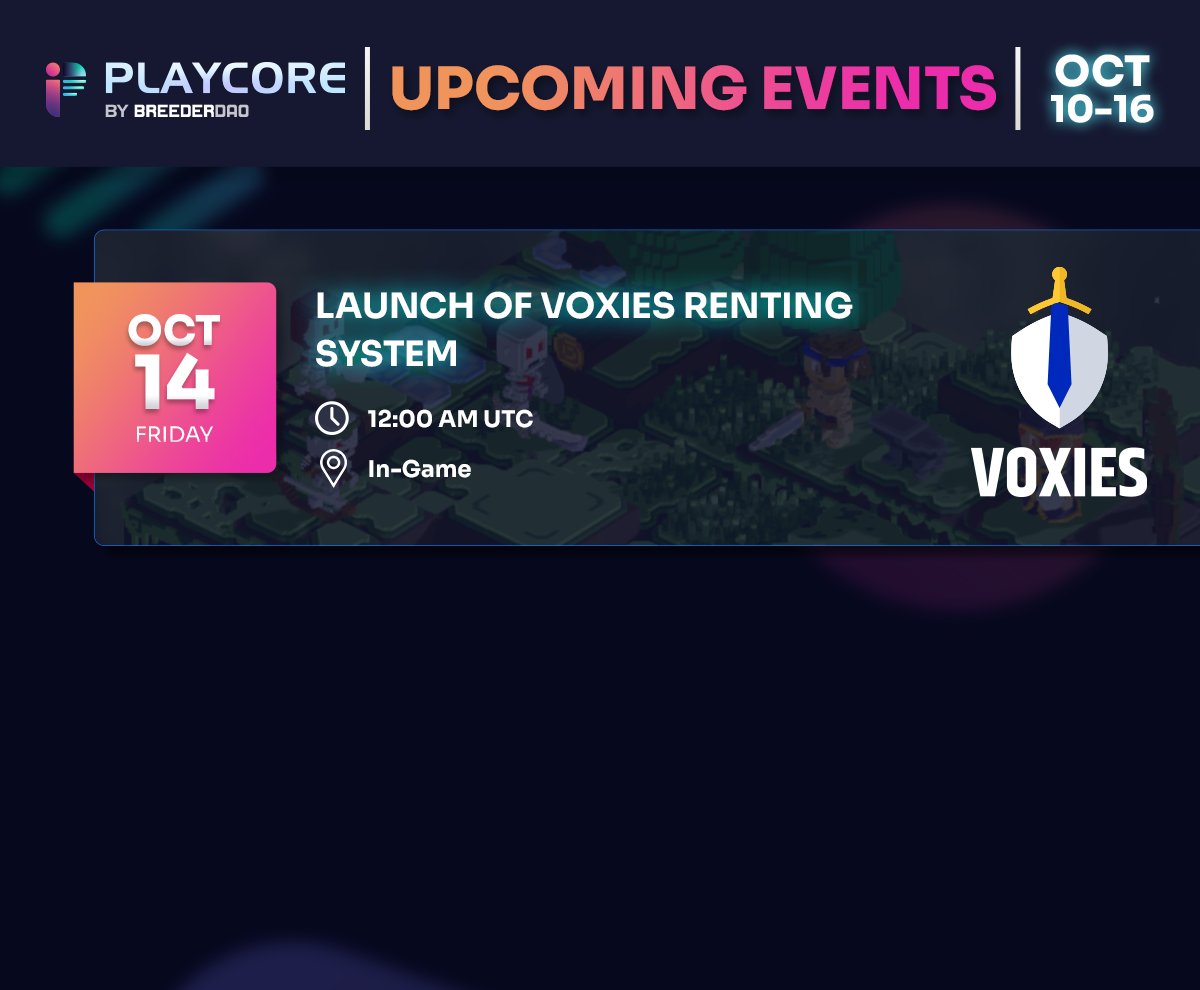 This week on #PlaycoreEventsCalendar 🗓️ - Weekly Townhalls with <a href="/crypto_unicorns/">Crypto Unicorns</a>, PvPs by <a href="/GunStar_io/">Gunstar Metaverse</a>, <a href="/VoxiesNFT/">VoxiesNFT</a> ‘s launch of Season 0 and so much more! 👀 Stay updated ➡️ playcore.io/events #PlaycoreEventsCalendar