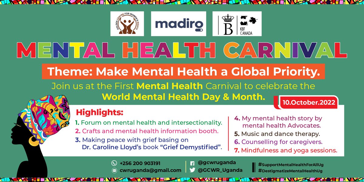 GCWR_Uganda's tweet photo. October is mental health month; 10 October is world mental health day. The theme for MH Month 2022 is Make Metal Health a Global Priority”
Currently in Uganda, 14 million people suffer from mental health challenges however, 1% of the National Health Budget is allocated to this. https://t.co/ERgzX8trbm