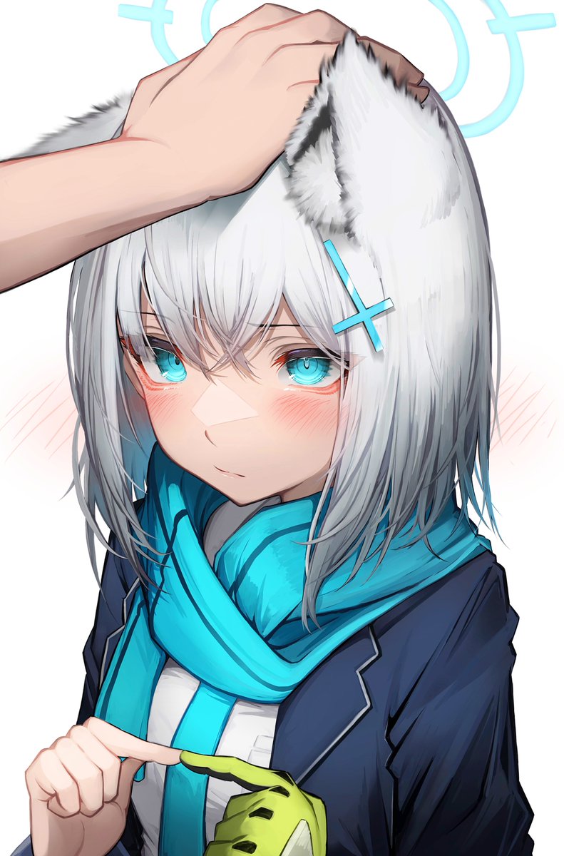 shiroko (blue archive) 1girl animal ears scarf headpat blush gloves blue scarf  illustration images