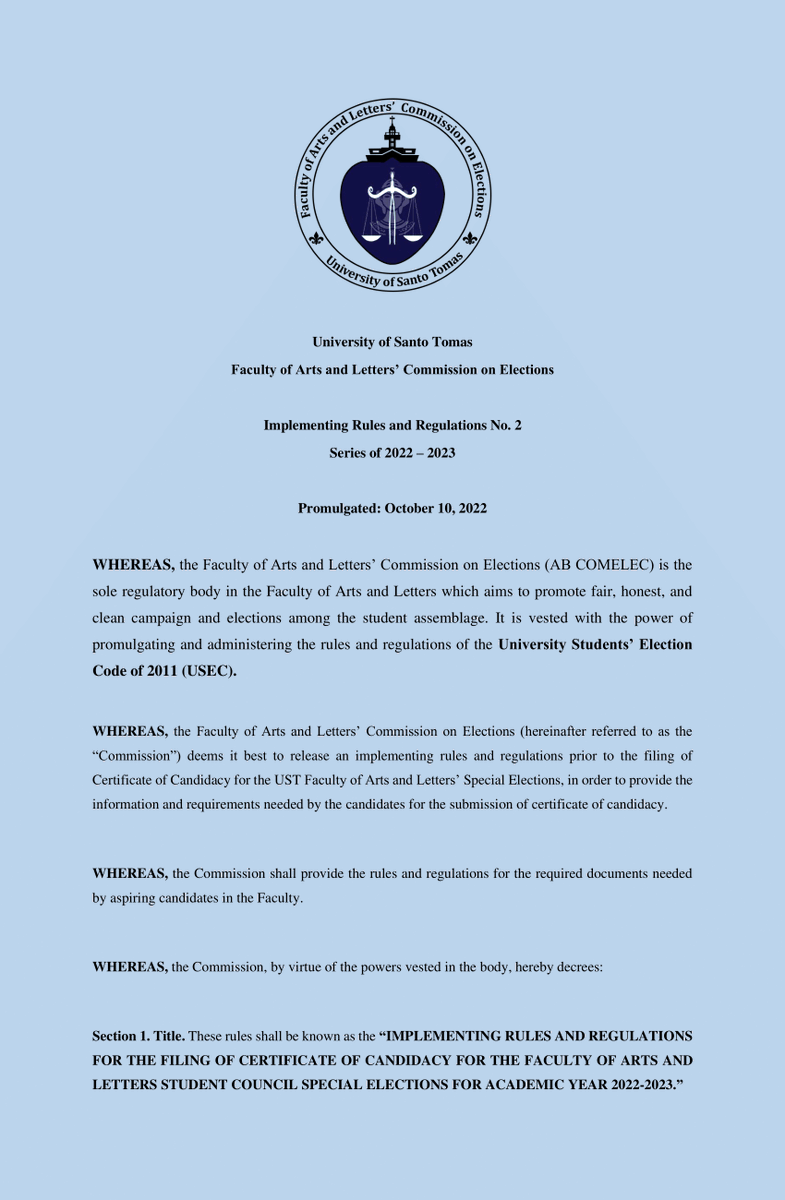 ABCOMELEC's tweet photo. IMPLEMENTING RULES AND REGULATIONS NO. 2
SERIES OF 2022-2023

IMPLEMENTING RULES AND REGULATIONS FOR THE FILING OF CERTIFICATE OF CANDIDACY FOR THE FACULTY OF ARTS AND LETTERS STUDENT COUNCIL SPECIAL ELECTIONS FOR ACADEMIC YEAR 2022-2023

Gdrive Link: https://t.co/3g9WqksUPa https://t.co/oq7iGranik