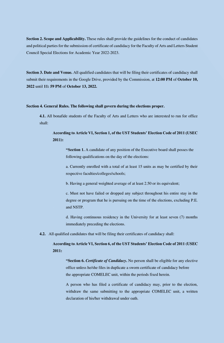 ABCOMELEC's tweet photo. IMPLEMENTING RULES AND REGULATIONS NO. 2
SERIES OF 2022-2023

IMPLEMENTING RULES AND REGULATIONS FOR THE FILING OF CERTIFICATE OF CANDIDACY FOR THE FACULTY OF ARTS AND LETTERS STUDENT COUNCIL SPECIAL ELECTIONS FOR ACADEMIC YEAR 2022-2023

Gdrive Link: https://t.co/3g9WqksUPa https://t.co/oq7iGranik