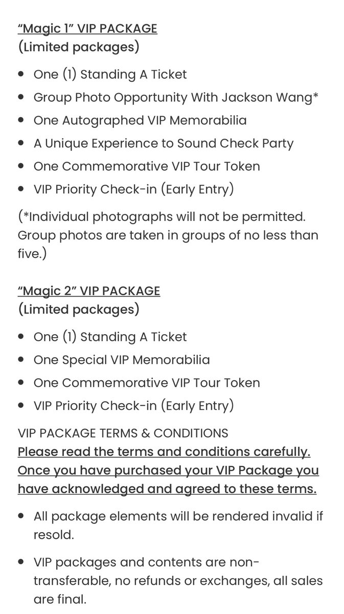 VIP Magic 1 = 18,000 บาท ได้ 
- บัตรยืน
- photo group 
- ลายเซ็น 
- sound check
- เหรียญที่ระลึก  
- เข้างานก่อน

VIP Magic 2 = 9,000 บาท 
- บัตรยืน
- ของที่ระลึก
- เหรียญที่ระลึก
- เข้างานก่อน

Magic 2 ขายไม่ออกหรอกเชื่อกุ
#MAGICMANWorldTour #JacksonWangWorldTour  #JacksonWang