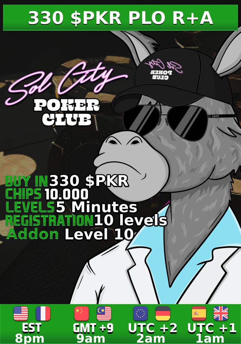 🚨330 $PKR Poker Tournament is STARTING NOW!  

💰330 $PKR Entry (0.33 SOL)

🔥10 levels of late registration/rebuys +addon

Get in for FREE by winning our DAILY freerolls!

Get right in the action!👇
solcitypoker.com

#poker #cryptopoker #pokertournament #onlinepoker