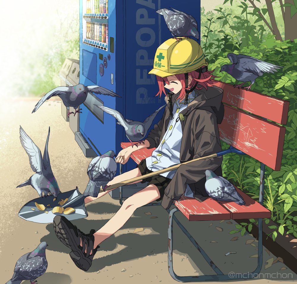 bird bench vending machine 1girl outdoors sitting red hair  illustration images
