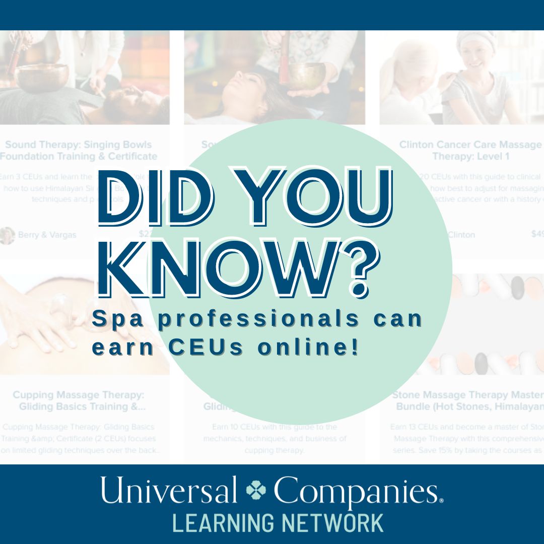 UCoLearning's tweet photo. As a spa professional, you are constantly on the go, and time is precious; by earning your CEUs online, you can take the classes when and where you want.
#universalcompanies #ucolearningnetwork #massagetherapy #spabusiness #salonbusiness #soundtherapyhealing #kinesiologytaping https://t.co/p4Cjp0lN3S