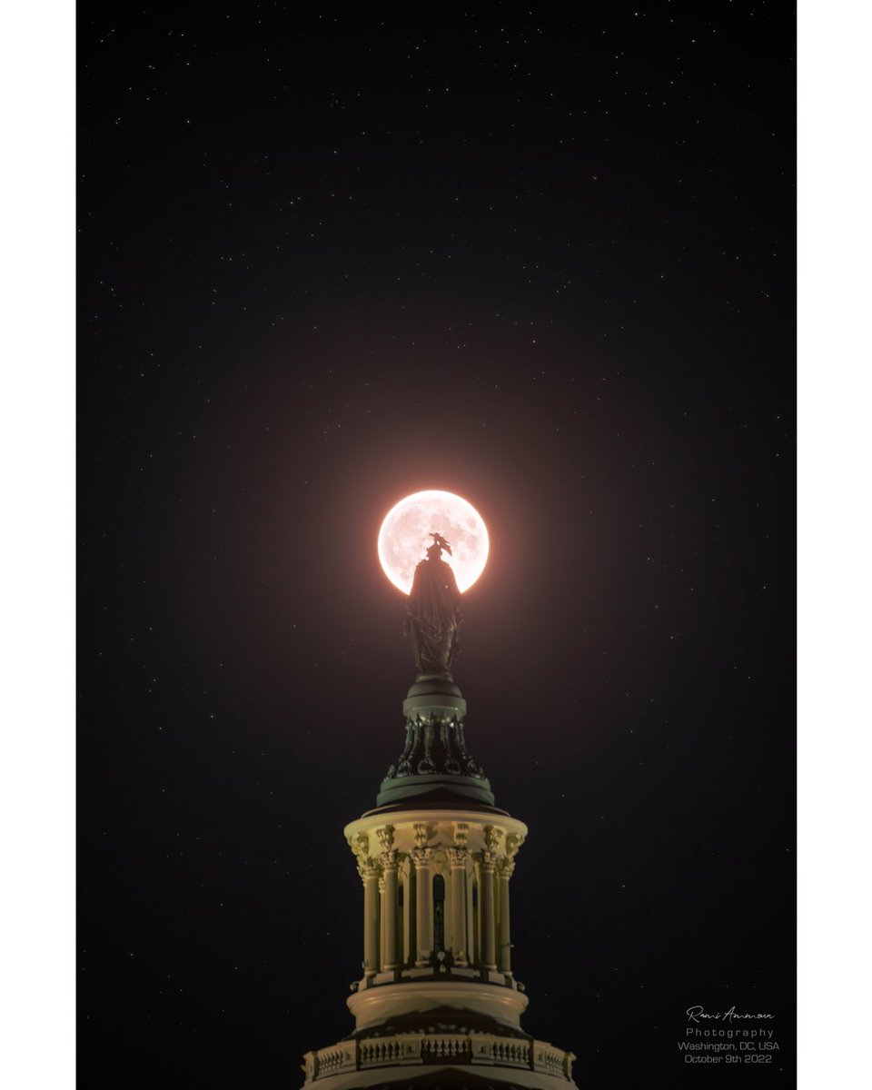 The Full Hunter Moon 🌕 tonight, captured with the Statue of Freedom at the US capitol #huntermoon #fullmoon