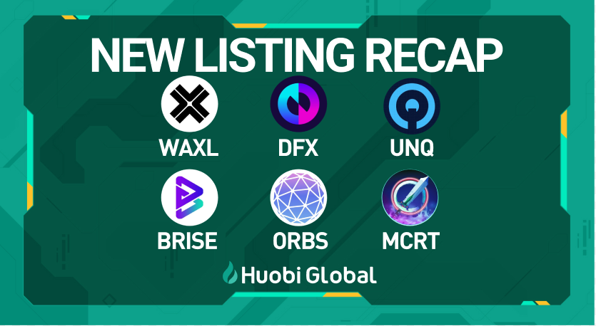 🔥#Huobi 🚀New Listing Recap:

🔥 $wAXL <a href="/axelarcore/">Formerly Axelar, now at @axelarnetwork</a>
🔥 $DFX  <a href="/DFXFinance/">DFX Finance</a>
🔥 $UNQ <a href="/Unique_NFTchain/">Unique Network</a>
🔥 $BRISE <a href="/bitgertbrise/">Bitgert - $BRISE</a>
🔥 $ORBS <a href="/orbs_network/">Orbs</a>
🔥 $MCRT <a href="/MagicCraftGame/">MagicCraft</a>

🙌Trade on Huobi.com