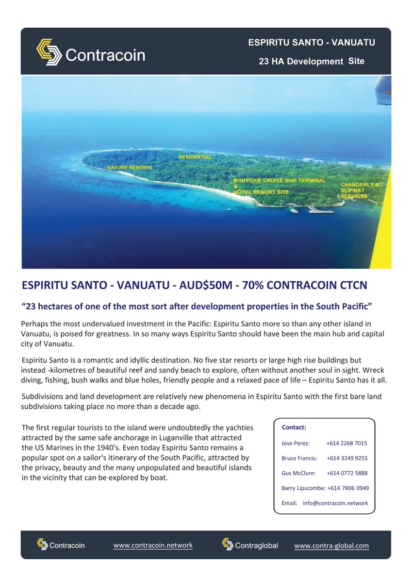 ContracoinCTCN's tweet photo. Espiritu Santo - Vanuatu.
23 hectares of the most sort after development sites in the South Pacific.
#Contracoin #Espiritusanto #Vanuatu #DA #Development https://t.co/Yz1FYv6dQm
