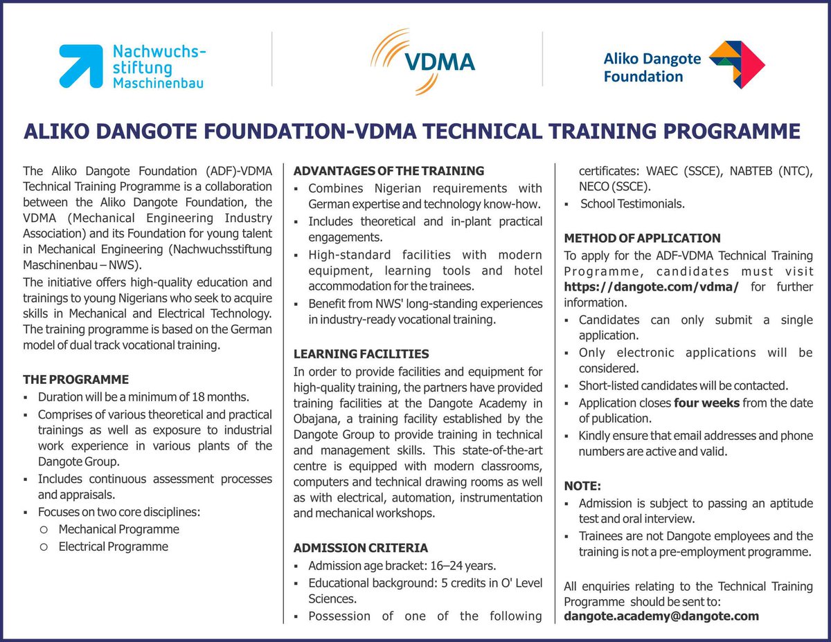 AlikoFondation's tweet photo. The ADF-VDMA training program provides education and training to young Africans who wish to acquire skills in mechanical and electrical technology.  Apply via the link https://t.co/BorDhqxnCY https://t.co/frZXHFdsDM