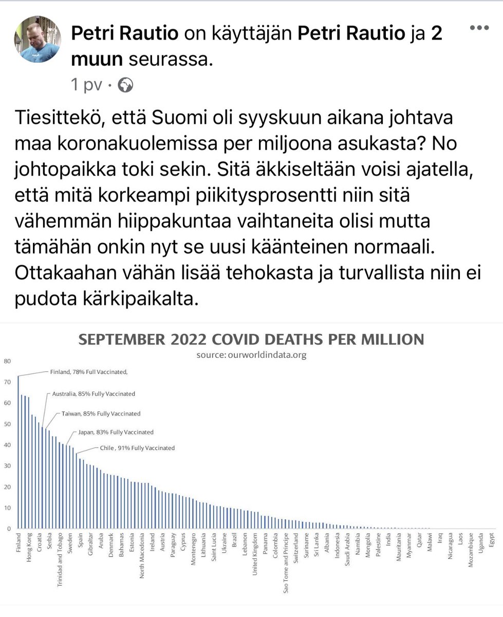 Tätä samaa asiaa olen ihmetellyt kuin Petrikin. Viedäänkö meillä jo viidettä rokotekierrosta ja silti Suomi johtaa kuolintilastoissa. Miksi tutkittu ja turvallinen ei estä kuolemia niin kuin luvattiin? #uusinormaali