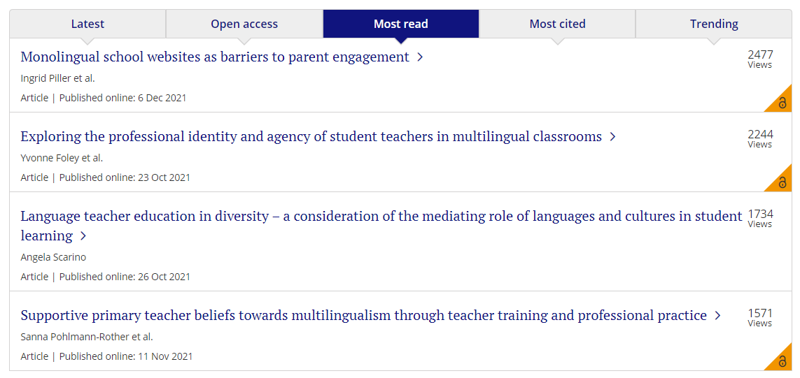 "Monolingual school websites as barriers to parent engagement" by Ingrid Piller, <a href="/BruzonAna/">Ana Sofia Bruzon</a> and <a href="/HannaTorsh/">Hanna Torsh</a> is currently the most read article in <a href="/LanguageandEdu2/">Language and Education</a> 🤩 
If you are interested in home-school communication in a diverse society, you should read it, too
Quick 🧵⬇️
1/8
