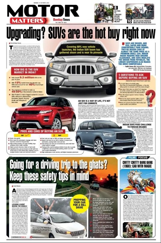 bombaytimes's tweet photo. Our #MotorMatters special feature is out today in #BombayTimes. Read it to find out about #cars, #bikes, accessories… and all things motoring
#EV #SUV #Tyre #Automobile #Trending #AutoNews https://t.co/iSrUBw8En0