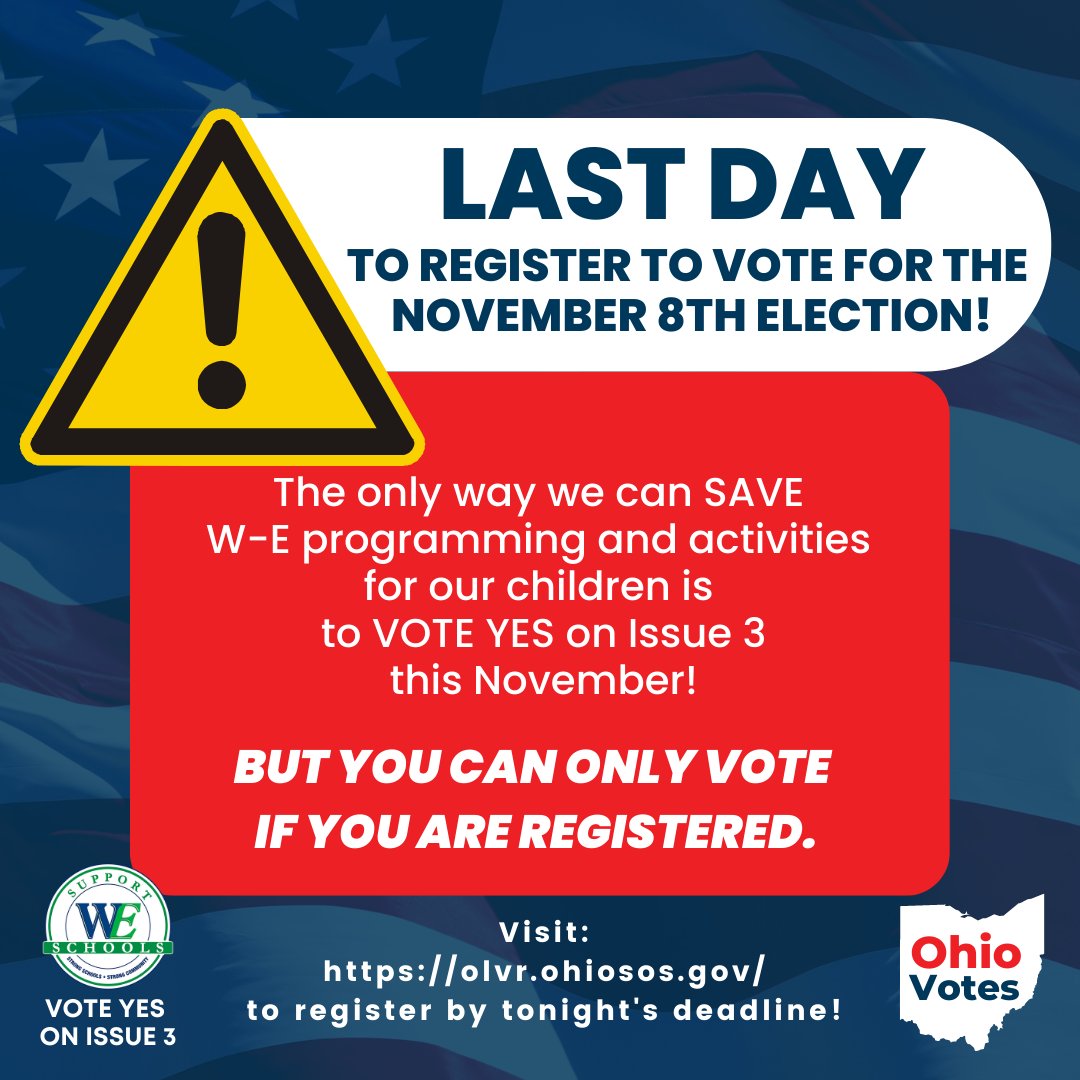 Support_WES's tweet photo. LAST CALL! Want to Vote? Then you have to be registered! Today is the LAST DAY to register if you want to Vote on November 8th. Our kids need you. Be sure you register - and then vote! Register online at https://t.co/VYEmVopZjW https://t.co/RsMXntCYOH