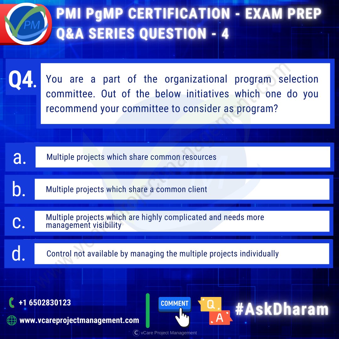 Dharam_PgMP's tweet photo. PMI PgMP® CERTIFICATION - EXAM PREP Q&amp;A SERIES | Question 4
 
Kindly post your answers in the comment section. I will share the correct answer in the replies section later.

#pgmp #pgmpquestions #pgmpexam #pgmpexamprep #pgmptest #pgmpcertification #pgmptraining https://t.co/lfdWBoFqM1