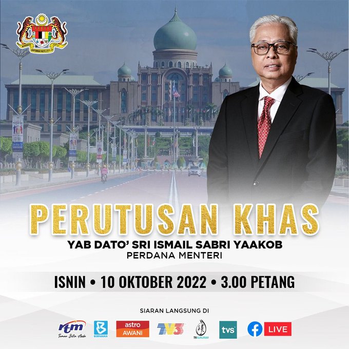 beritartm's tweet image. Saksikan Siaran Langsung
Perutusan Khas YAB Dato&apos; Sri Ismail Sabri Yaakob, Perdana Menteri

📍 10 Oktober 2022 | Isnin
⏰ 3:00 petang

&apos;Yang sahih di Berita RTM&apos;

#RTM #BeritaRTM #KeluargaMalaysia #PRU15