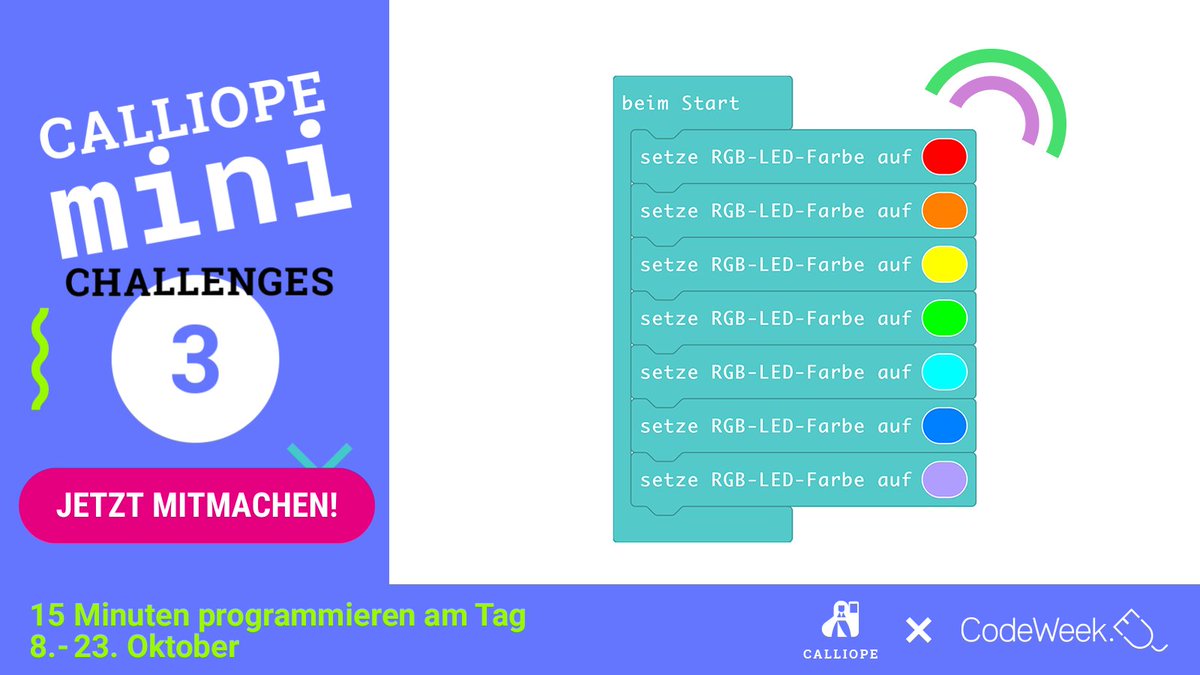 CalliopeMini's tweet photo. Weg mit dem grauen Schmuddelwetter! Der Montag startet farbenfroh!
Macht mit bei den #CalliopeminiChallenges und lasst einen Regenbogen erscheinen.🌈 Alle Infos unter: https://t.co/61XijazWdd
https://t.co/61XijazWdd #CodeweekEU #CodeweekGER #CodeWeekCreations #codeDE https://t.co/2FwFJIbBQf
