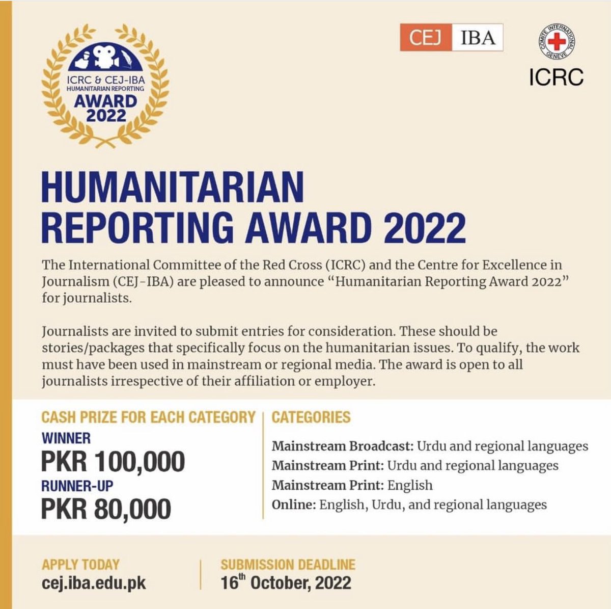 CEJatIBA's tweet photo. Don’t forget to apply for our biggest journalism award of the year. The Humanitarian reporting award!
@ICRC 
Deadline: October 16
Apply here: https://t.co/oBPJqSNlX7

#journalism #reportingaward #humanitarianreporting #atCEJ #cejatiba #IBAKarachi https://t.co/DtVpItEX6K