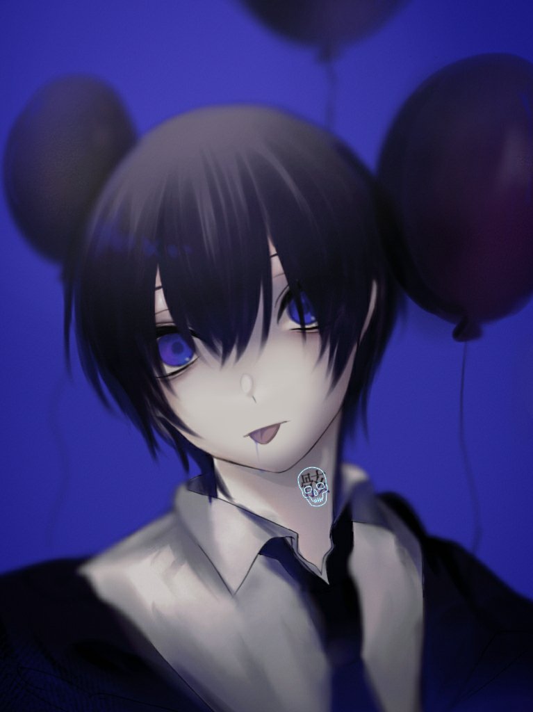 balloon 1boy solo male focus blue eyes black hair tongue  illustration images