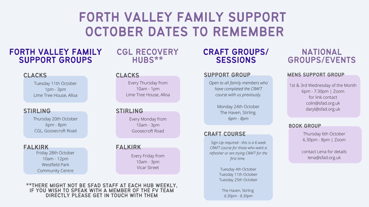 #ForthValleyFamilySupportService has groups on throughout October, for anyone aged 16+ worried about someone else's alcohol and/or drug use. We also have some online, national groups listed. For more info, contact us on: fvfamilies@sfad.org.uk @JadeSfad @LenaSfad @ScotFamADrugs