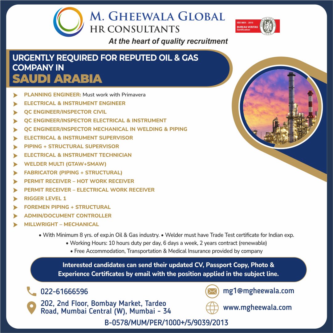 mgheewala_hrc's tweet photo. Job Vacancies for #SaudiArabia
Interested Candidates can send the updated resume to mg1@mgheewala.com
Learn More https://t.co/Ps4bxv2mB1
#saudijobs #manpower #engineer #oilandgas #technician #rigger #pipingforeman #permitreceiver #welder #supervisor #admin #welder #fabricator https://t.co/eRJyfjIcSW