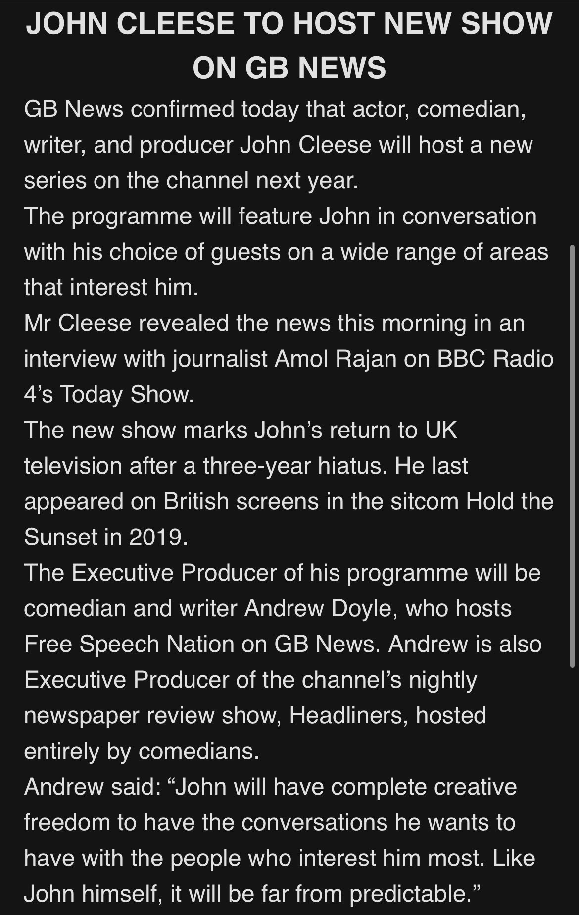 Fr Calvin Robinson on Twitter: "Welcome to GB News, @JohnCleese! 👏