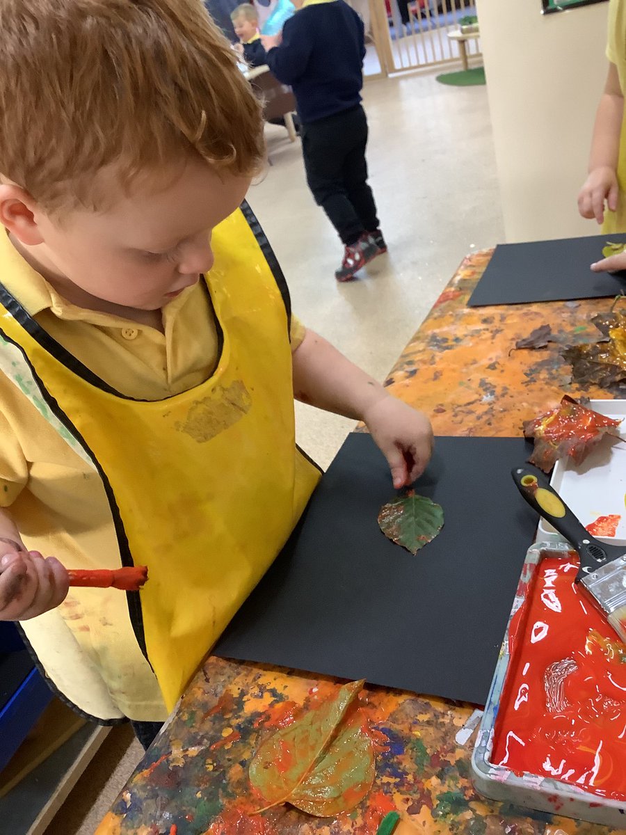 This morning Bumble Bees have enjoyed doing some leaf printing. We used autumnal colours, orange, brown, yellow and green. We enjoyed painting the leaves and patting them down to create our prints. #exploringthroughplay #messyplay