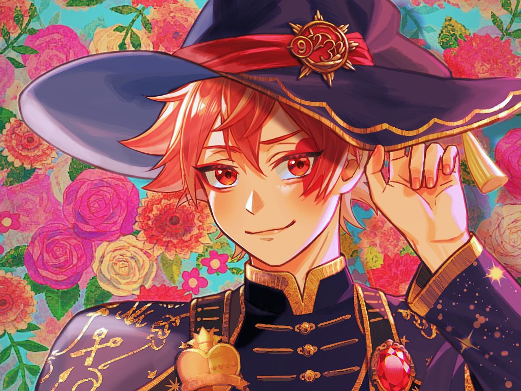 1boy male focus hat floral background red hair witch hat solo  illustration images