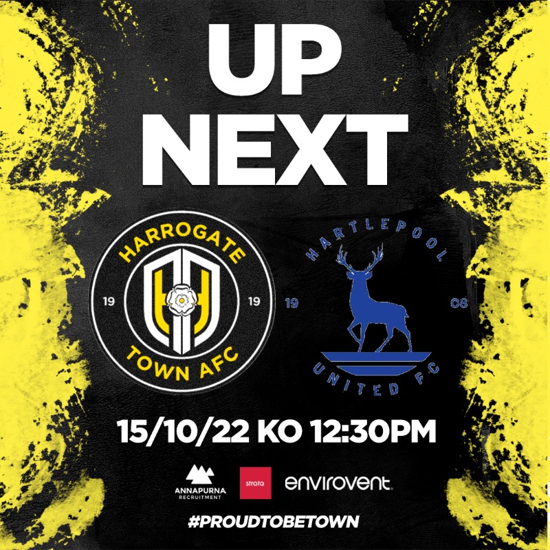HarrogateTown's tweet photo. UP NEXT | We begin our run of three home matches by welcoming Hartlepool to The EnviroVent

🆚 @Official_HUFC
📆 15/10/22
🏆 @SkyBetLeagueTwo
⌚ 12:30pm
🏟 The EnviroVent Stadium

#ProudToBeTown