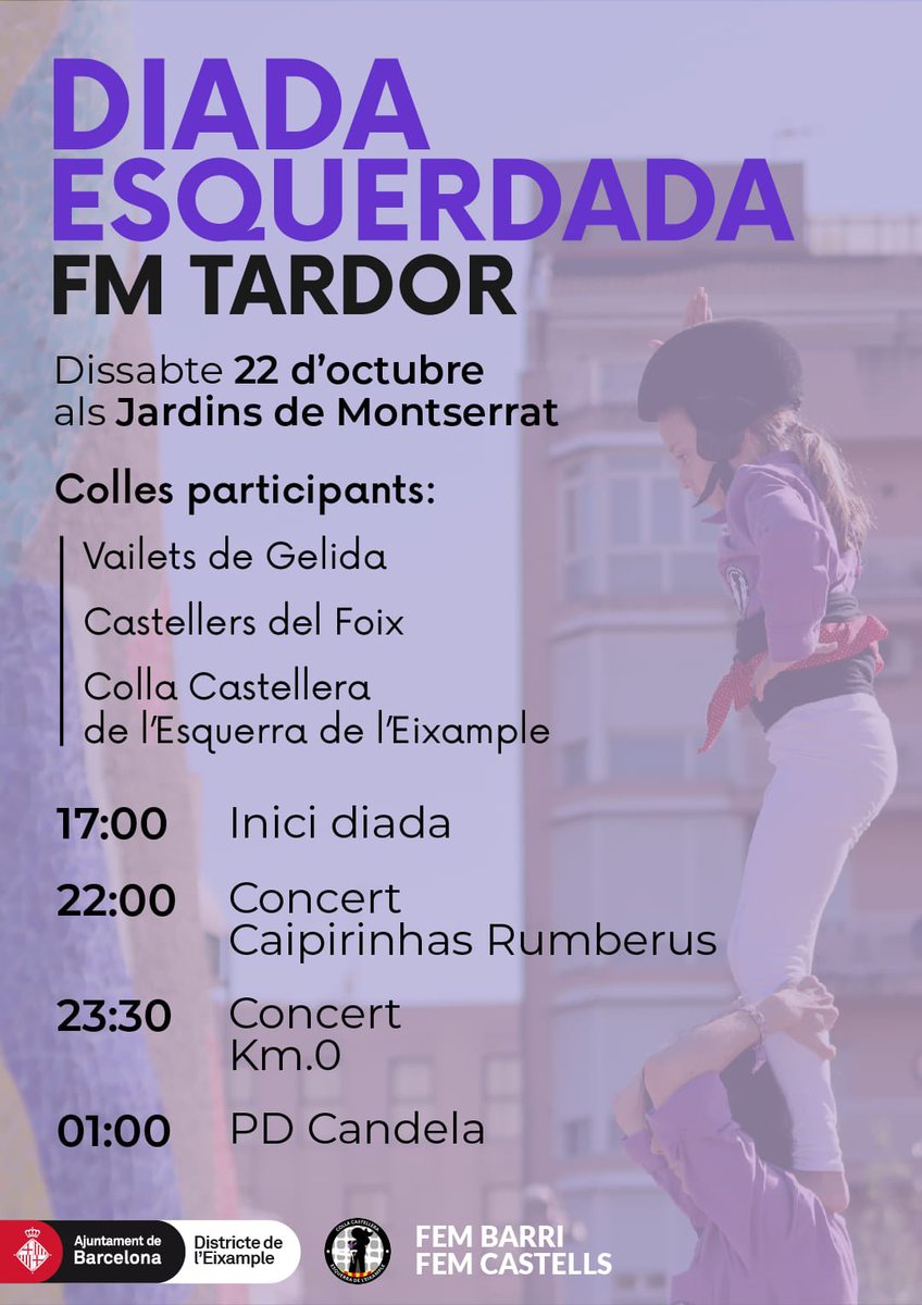 ✨DIADA ESQUERDADA✨
 
El 22 d’octubre tenim una cita molt especial!!!💜🕺

🔝Tothom a assaig, que tornem a omplir el barri de lila!

👀Aquesta setmana assagem amb normalitat: Dimecres i divendres #resacelebrar