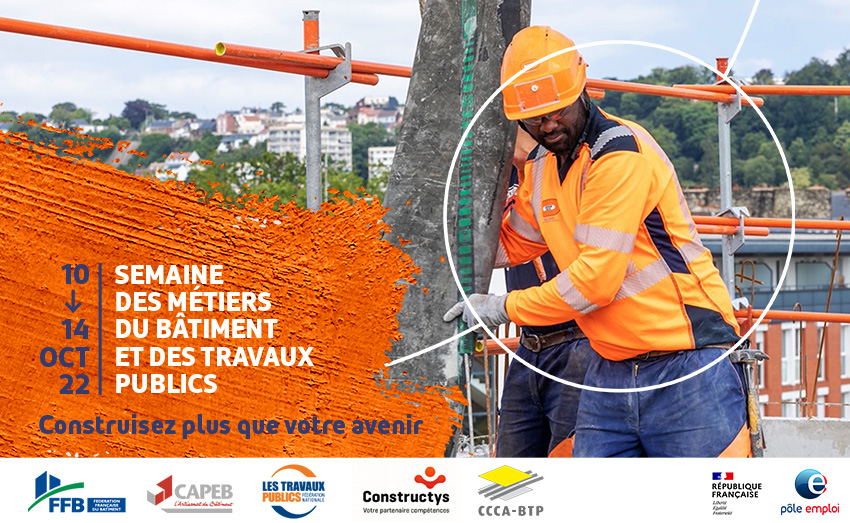 👷‍♀️Semaine du #BTP 👷 du 10 au 14 octobre
Un événement #AvecPoleEmploi &amp; ses partenaires Fédération Française du Bâtiment, CAPEB, Fédération Nationale des Travaux Publics, Cccabtp, Gouvernement + d'infos > pole-emploi.fr/actua.../semai… 
>> Offres d'emploi du 64 : candidat.pole-emploi.fr/offres/recherc…