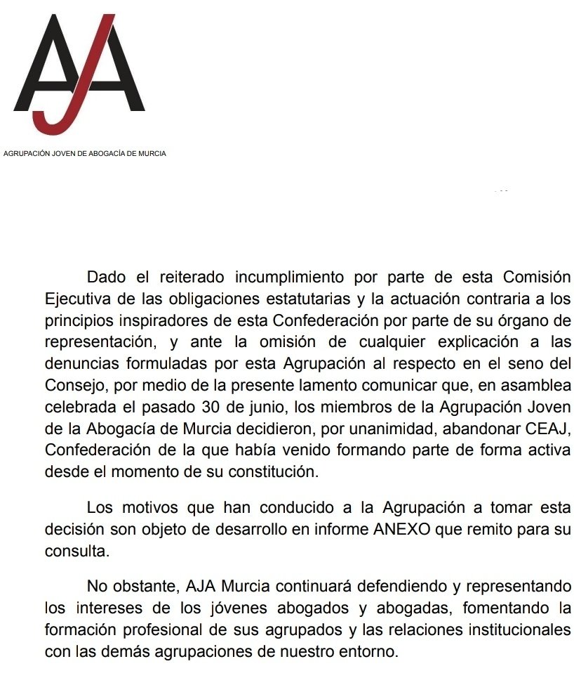📣 Nuestra Agrupación formaliza su salida de la Confederación Española de la Abogacía Joven, acordada por unanimidad de sus agrupados el pasado 30 de junio.