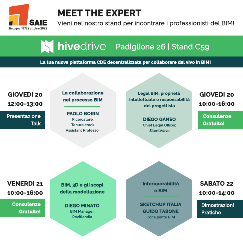 Vieni a trovarci al <a href="/SAIEfiera/">SAIE</a>! 
Padiglione 26 | Stand C59

Incontra i nostri professionisti del BIM e scopri la nostra soluzione CDE decentralizzata!

#saie #saie2022 #saiebologna #hivedrive #silentwave