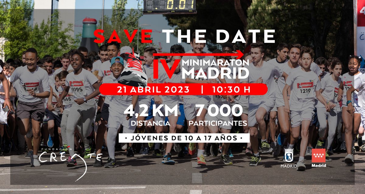 🆕¡Vuelve la MiniMaratón Madrid!🏃‍♀️🏃
En su IV edición, 7 000 jóvenes entre 10 y 17 años 
correrán 4,2 km de distancia, el 21 de abril de 2023, en #Madrid.
📌Apuntaros la fecha.
👟¡Os esperamos a todos!
#MiniMaratonMadrid23 #FundaciónCréate #edufis #EFecto21 #educacion #Deporte