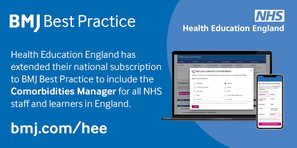 New for WSHT Staff!

The BMJ Best Practice comorbidities manager supports the management of the whole patient with guidance on the treatment of an acute condition alongside pre-existing comorbidities. Funded by HEE, free to the NHS in England. <a href="/NHSKFH/">NHS Knowledge for Healthcare</a> bmj.com/company/hee/