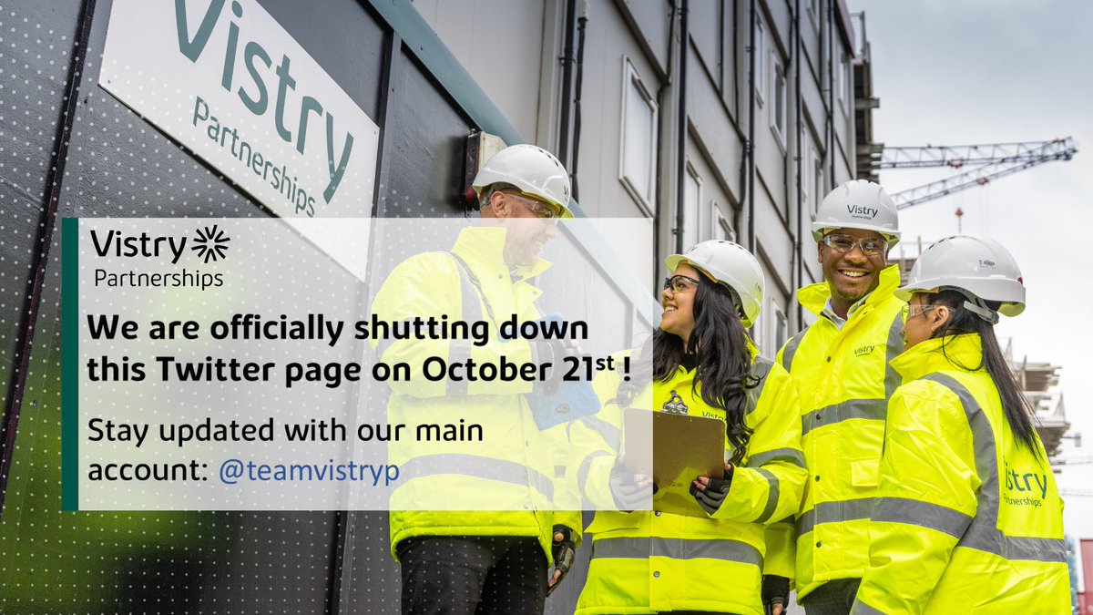 From October 21st we will be shutting down this Twitter account.
Be sure to follow our main accounts, @teamvistryp and to get all your Vistry news going forward!