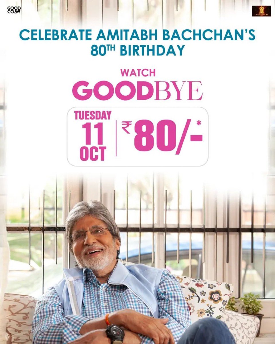 MuktaA2Cinemas's tweet photo. Big B turns 80 tomorrow and this calls for a grand celebration ❤️

Celebrate his 80th birthday, his legacy, and his fandom by watching his latest film #Goodbye with your family in cinemas near you at the price of only ₹80/- on 11th October 2022 ✨ https://t.co/kYIPyHY96b