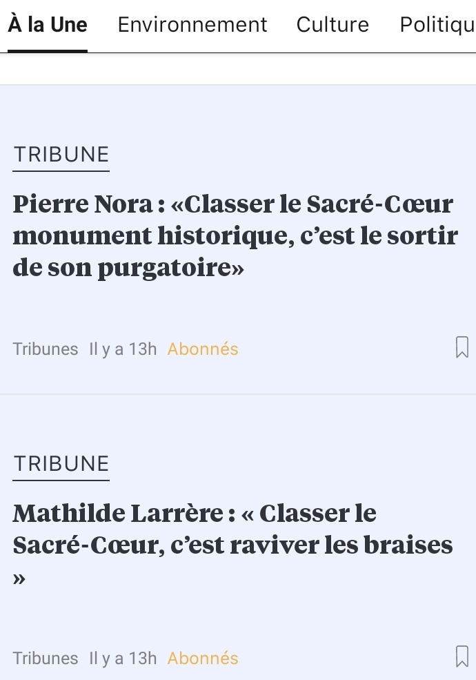 Deux nouvelles tribunes ont été publiées hier, dimanche 9 octobre, dans Libération au sujet du enjeux mémoriaux autour du classement comme Monument historique de la basilique du Sacré-Cœur de Paris. 1/11