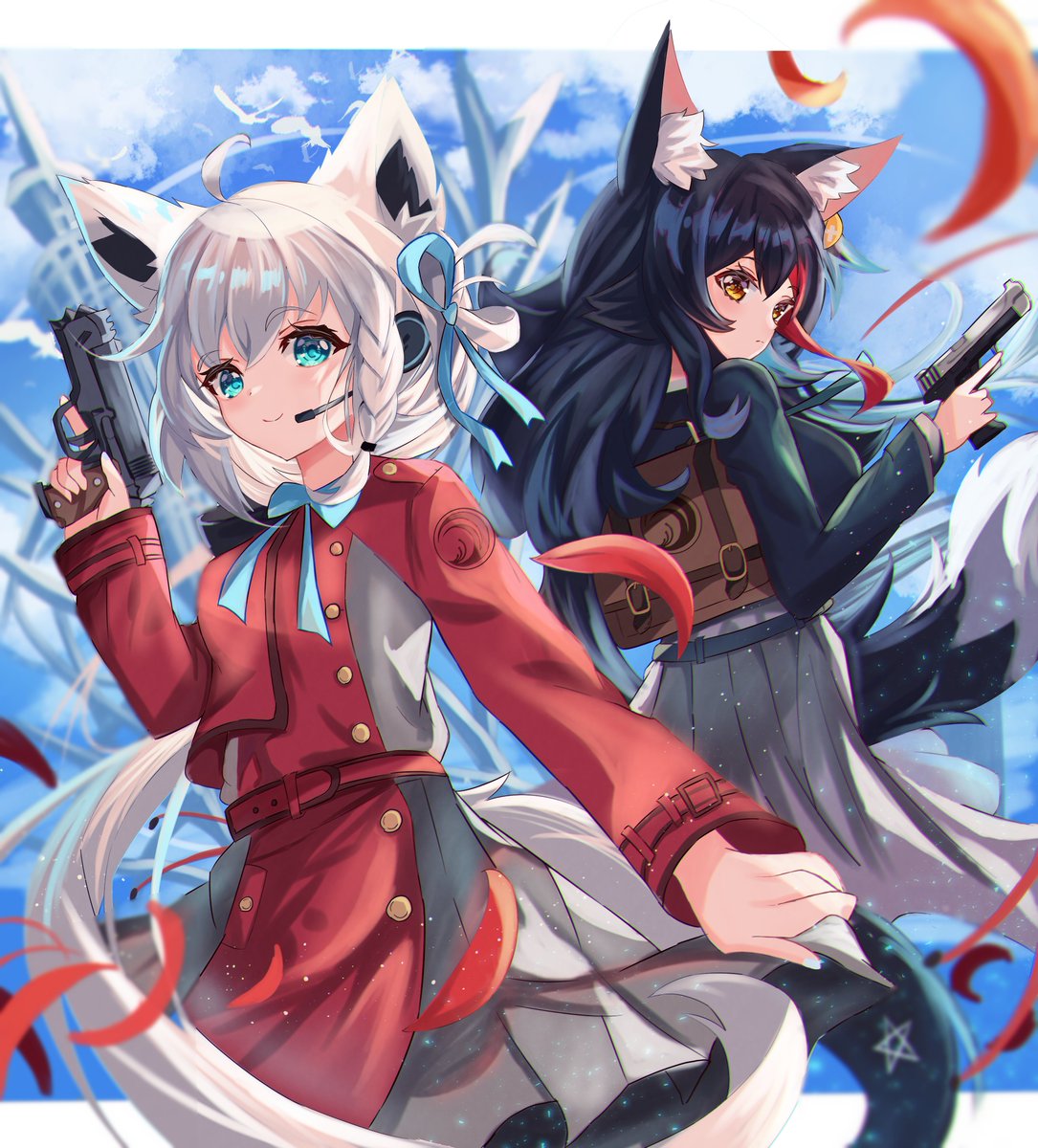 inoue takina ,nishikigi chisato ,ookami mio ,shirakami fubuki multiple girls 2girls animal ears lycoris uniform black hair weapon two-tone dress  illustration images