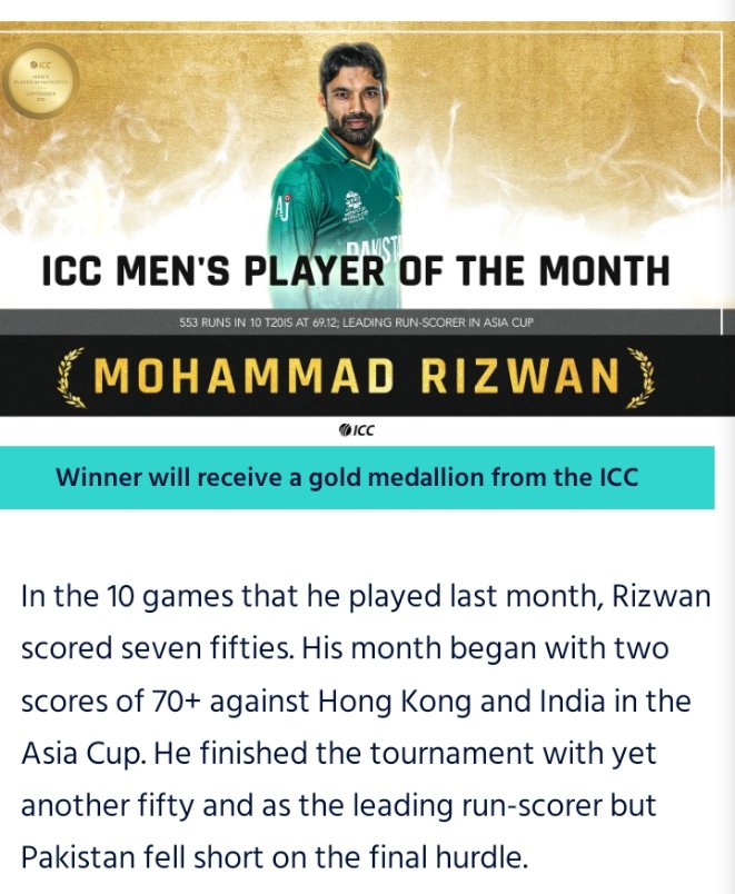 Muhammad3260's tweet photo. Here is the ICC Men of the month Muhammad Rizwan big congratulations 🎉 to you RIZZO  #BabarAzam https://t.co/Y5iyjVEyRG