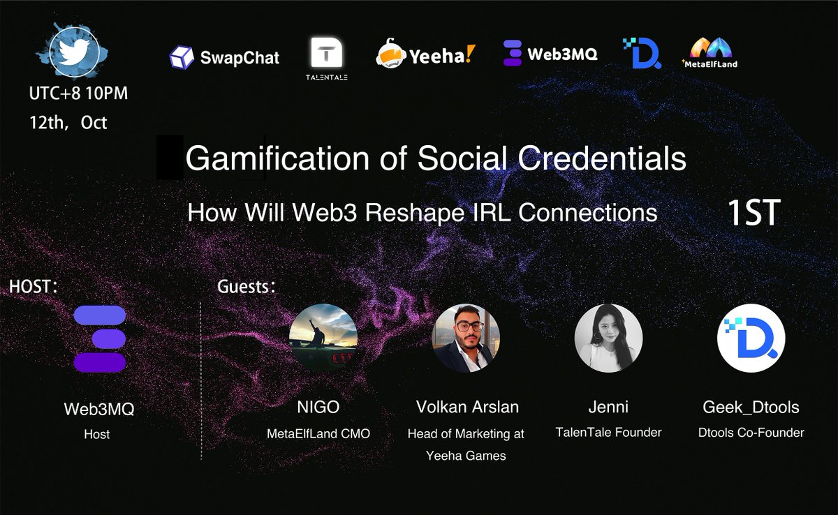 🚩AMA Alert!

🌟Reward: NFT Badge | Web3MQ Debut AMA!

⏰Oct 12 at 10PM GMT +8

🔔Host: Web3MQ | <a href="/SwapChatNFT/">SwapChat</a>

🗣️Guests: @Geek_Dtools , <a href="/metaelfland/">MetaElfLand</a>, <a href="/TalenTale_Dapp/">TalenTale</a>, <a href="/YeehaGames/">Yeeha Games</a> 

Complete all tasks in #SoQuest👇
sograph.xyz/space/swapchat…

#TwitterSpace #Giveaway #ama