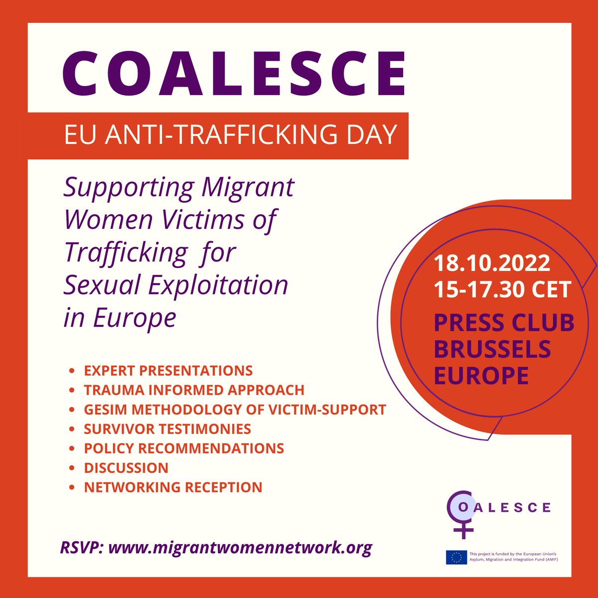 ENoMW's tweet photo. If you are in Brussels, do not miss the event on 18 October #EUAntiTraffickingDay marking the end of the #COALESCE project that developed a methodology for comprehensive support of female migrant victims of trafficking for sexual exploitation in Europe: https://t.co/AMvesv6gT6. https://t.co/owf5PEmwZT