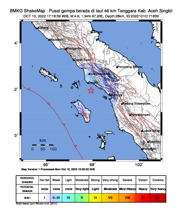 #Gempa Mag:4.6, 10-Okt-22 17:18:39 WIB, Lok:1.94 LU, 97.93 BT (Pusat gempa berada di laut 46 km Tenggara Kab. Aceh Singkil), Kedlmn:28 Km Dirasakan (MMI) III - IV Pakpak Bharat, III - IV Aceh Singkil, II - III Gunung Sitoli #BMKG