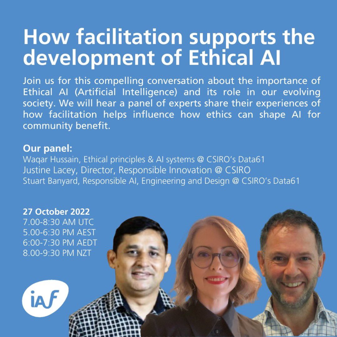 allisonhornery's tweet photo. Join the @IAFacilitators Oceania crew for our final 2022 knowledge session, and it’s going to be a cracker: Facilitation and ethical AI - come along and learn with us on 27 October 👉 https://t.co/wsta0ZmCeb https://t.co/ayR7ILTb3d